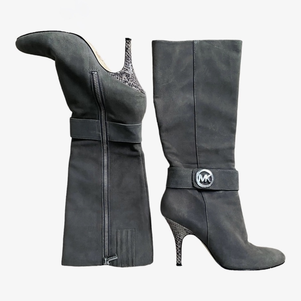 Michael Kors Boots | Gray Suede with Snakeskin Heel Quarter Height Boots